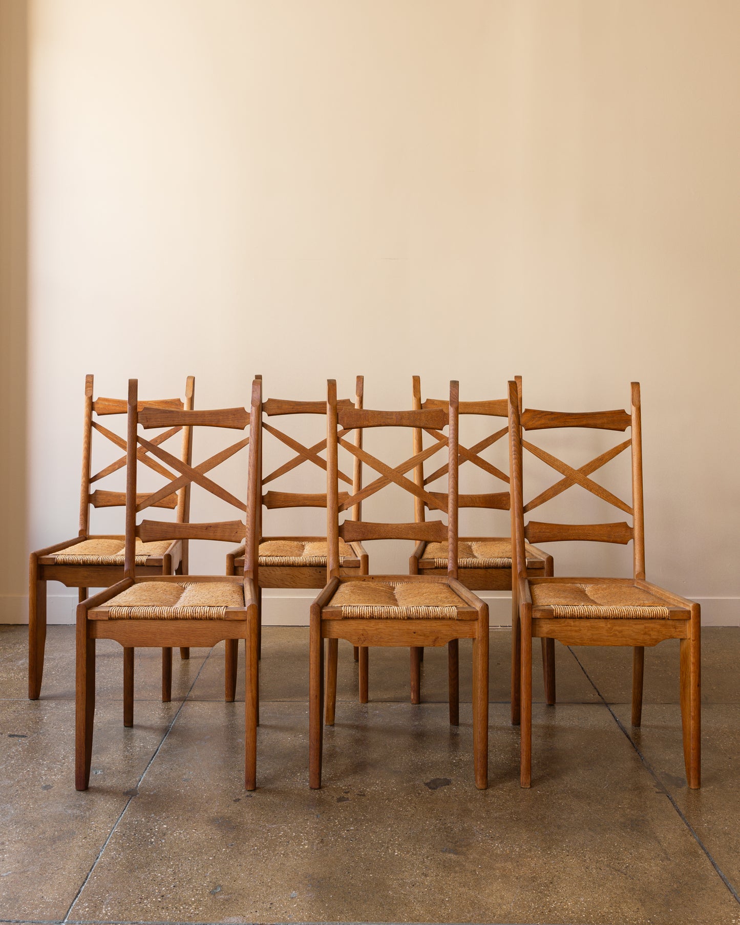 Set of Six Guillerme & Chambron Dining Chairs in Oak and Rush