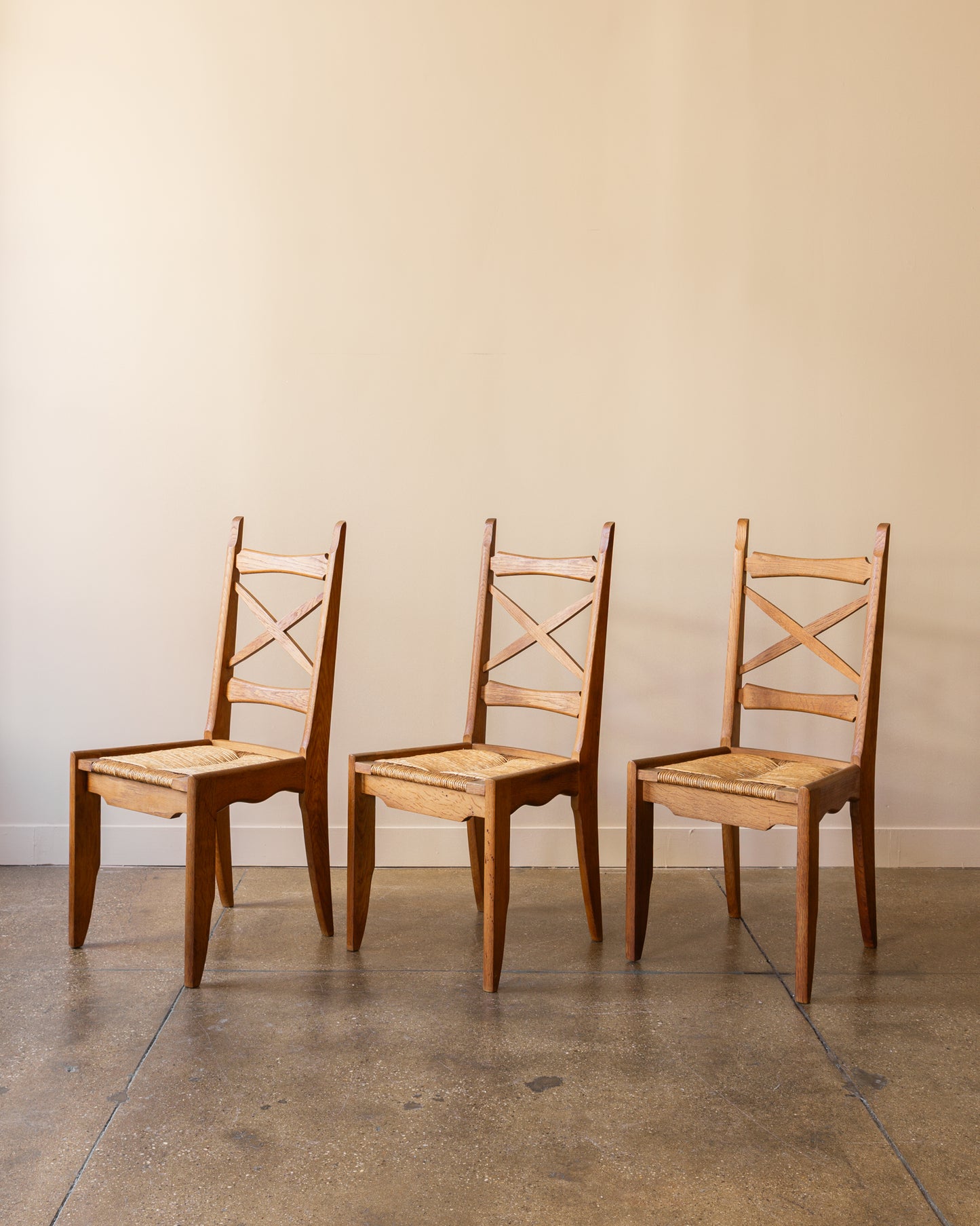 Set of Six Guillerme & Chambron Dining Chairs in Oak and Rush