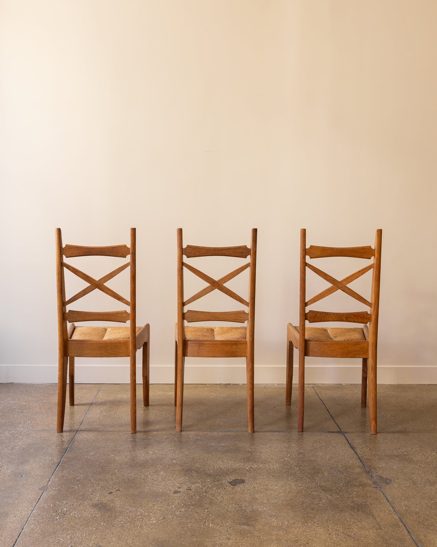 Set of Six Guillerme & Chambron Dining Chairs in Oak and Rush