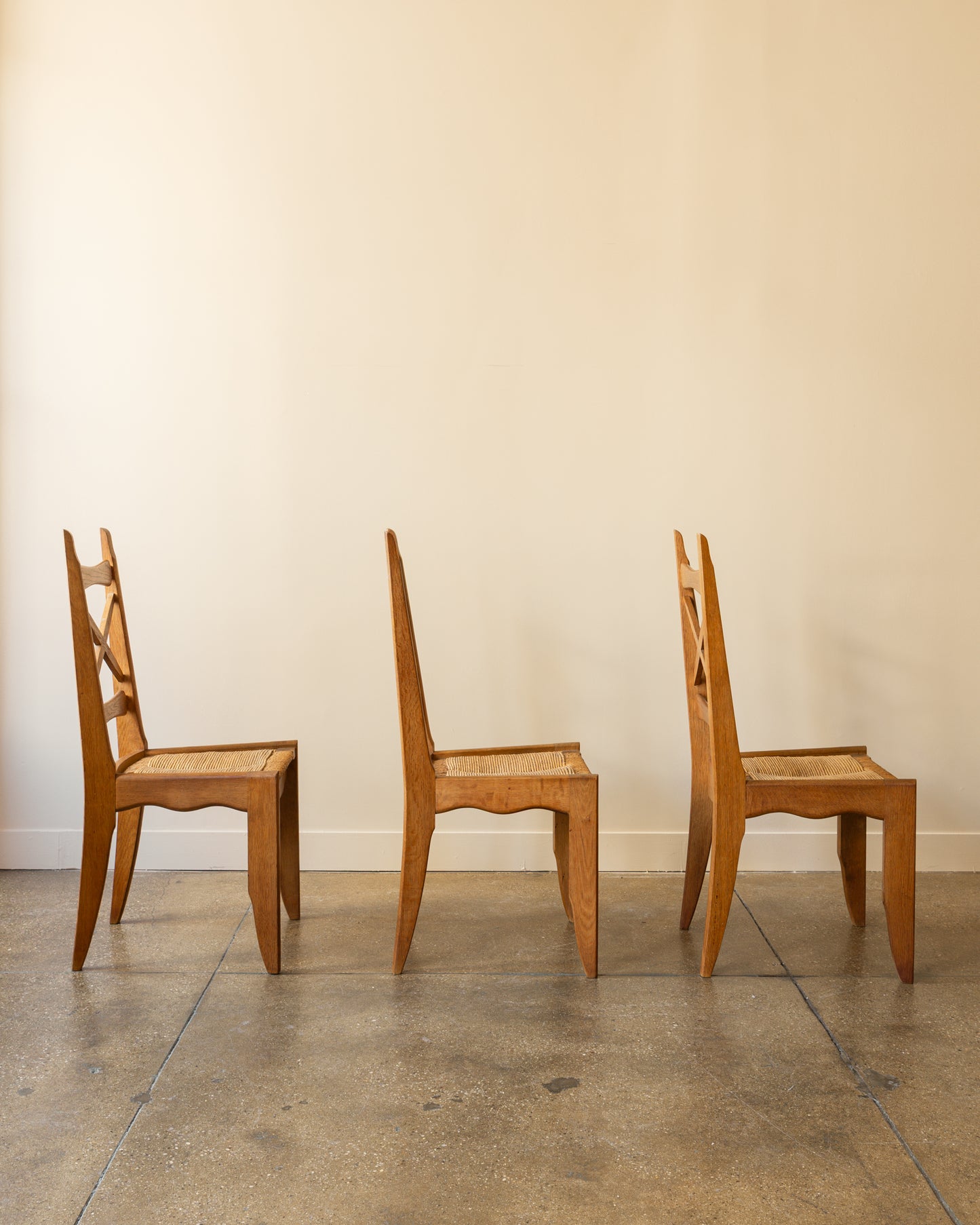 Set of Six Guillerme & Chambron Dining Chairs in Oak and Rush
