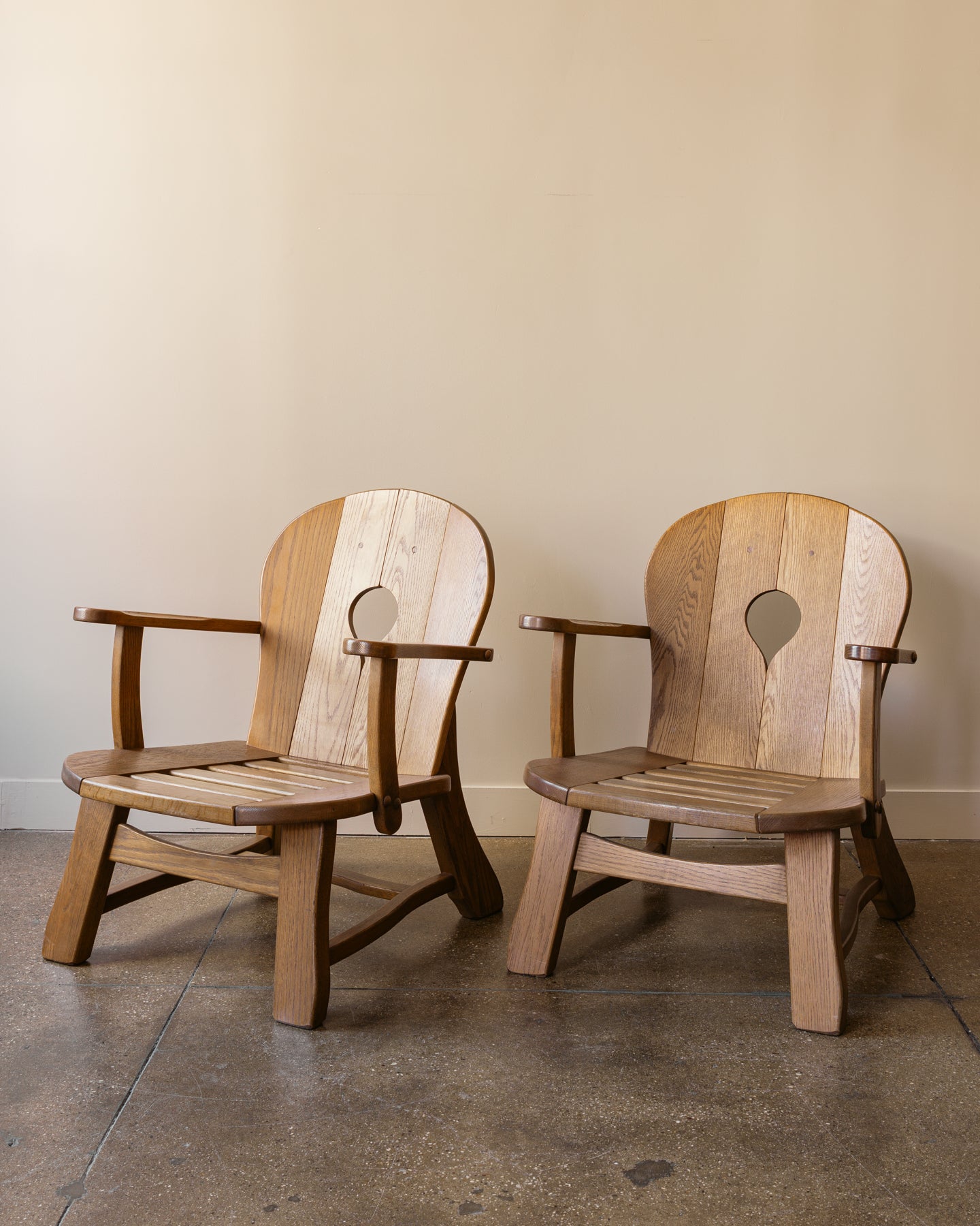 Pair of French Brutalist Oak Lounge Chairs, 1960s