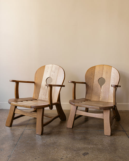 Pair of French Brutalist Oak Lounge Chairs, 1960s