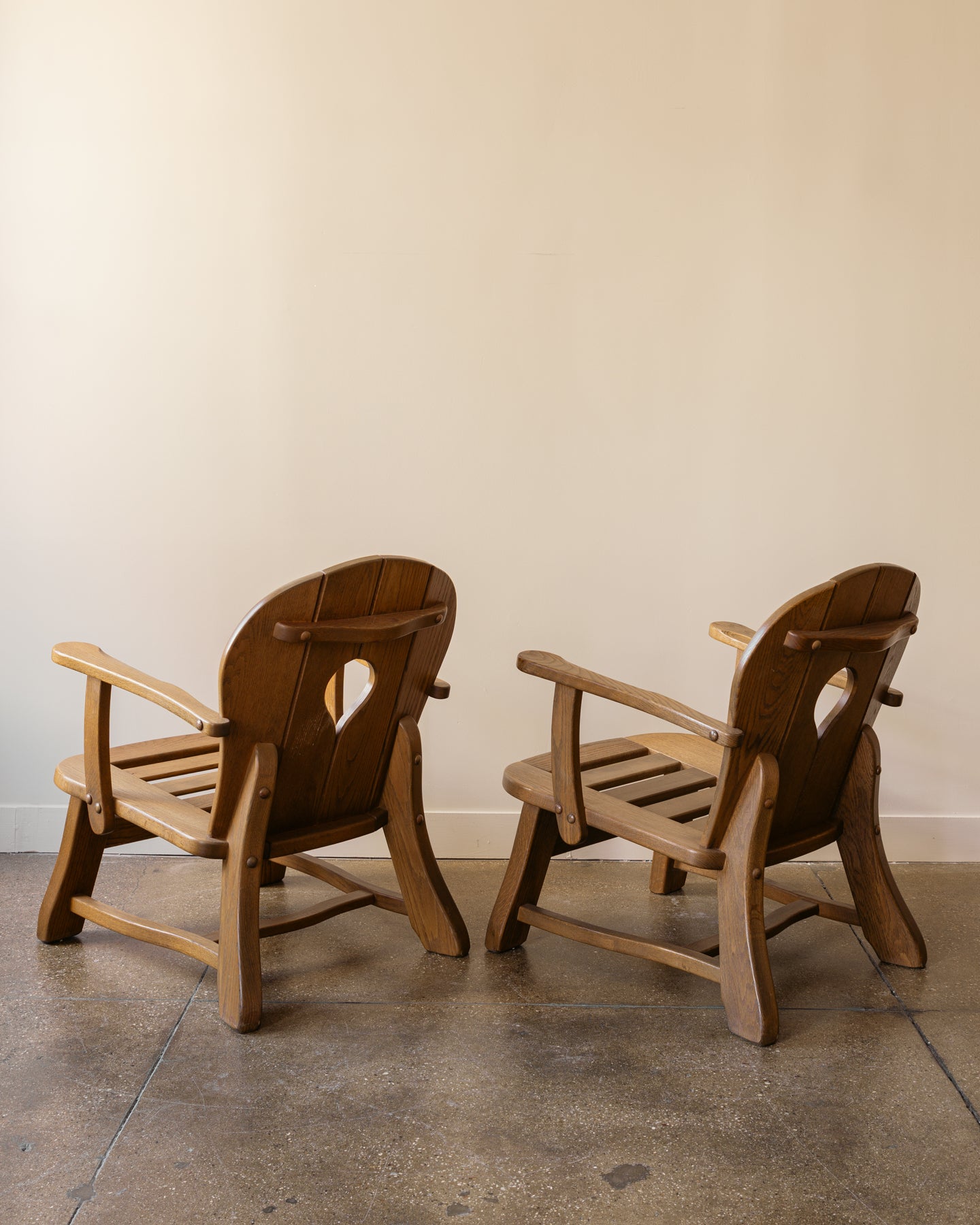 Pair of French Brutalist Oak Lounge Chairs, 1960s
