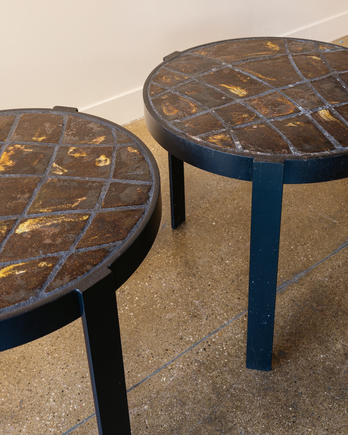Pair of Ceramic and Iron Side Tables, Belgium