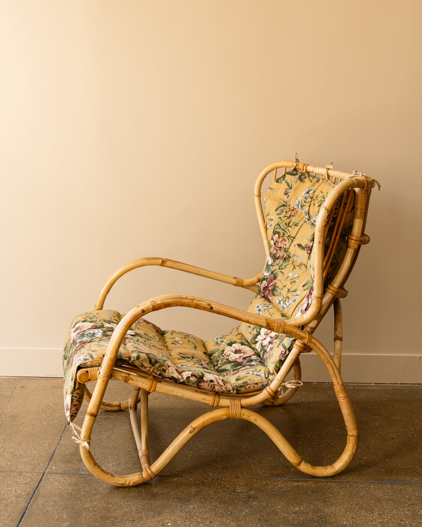 1960s Swedish Rattan Lounge Chair with Floral Cushions