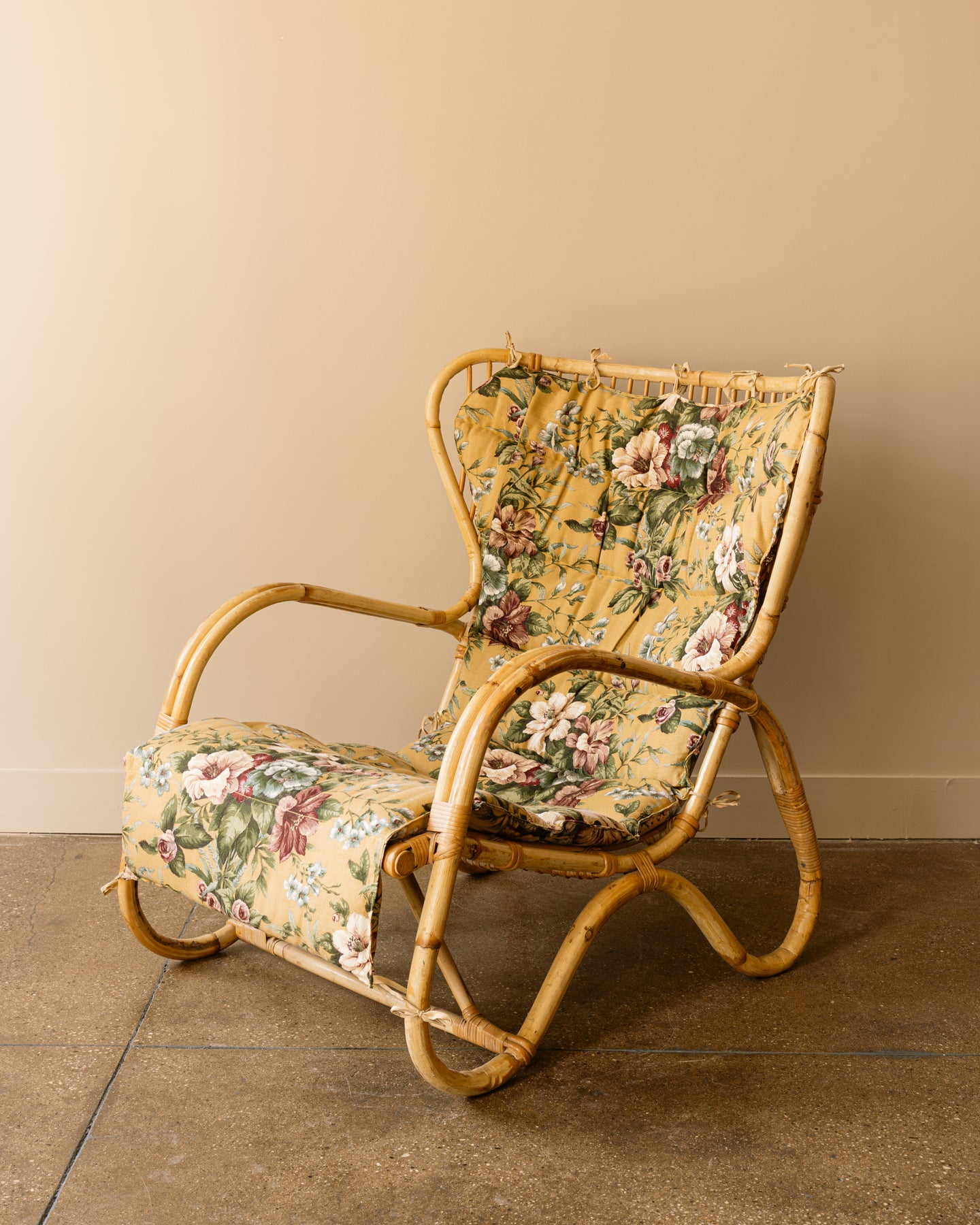 1960s Swedish Rattan Lounge Chair with Floral Cushions