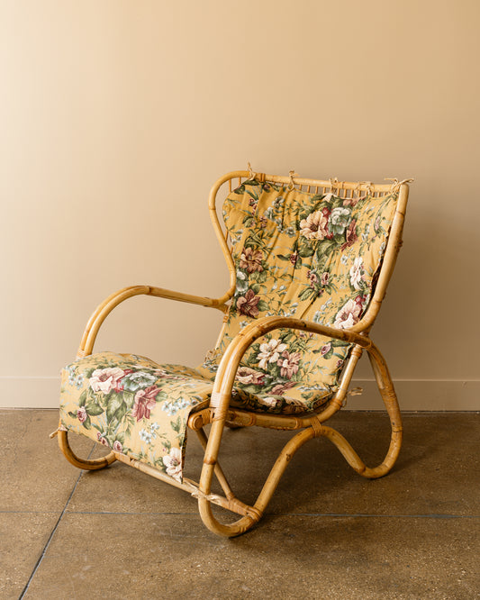 1960s Swedish Rattan Lounge Chair with Floral Cushions