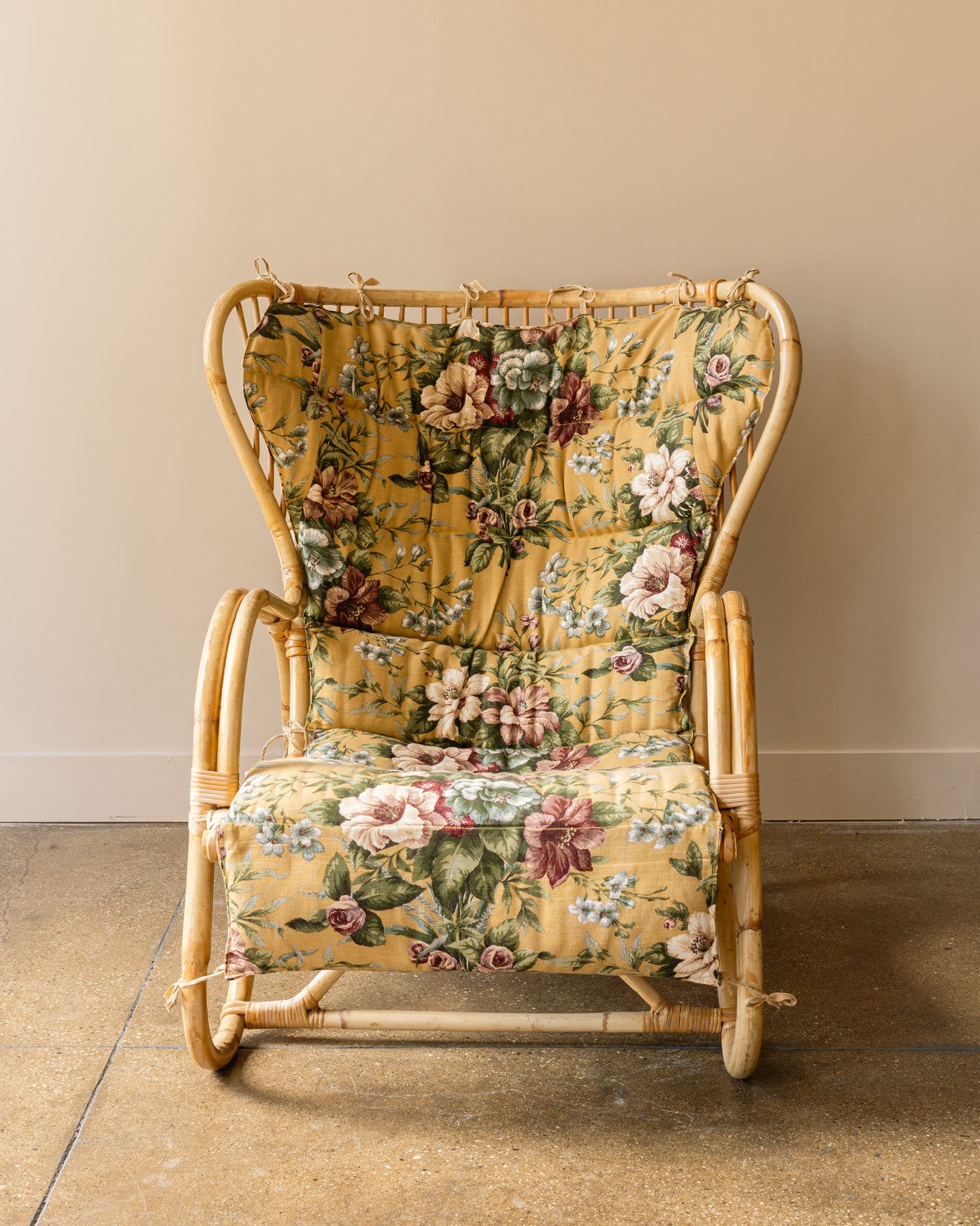 1960s Swedish Rattan Lounge Chair with Floral Cushions
