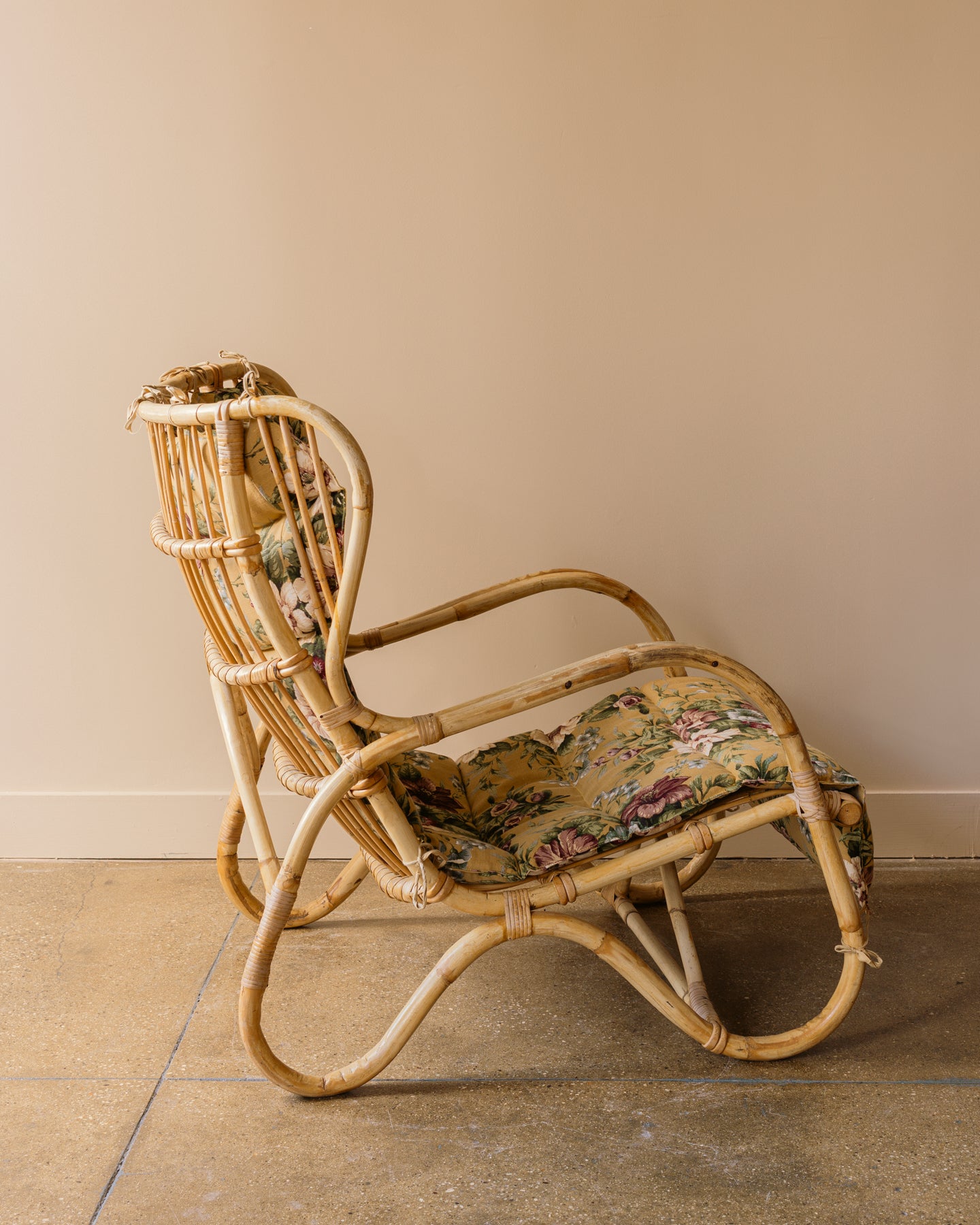 1960s Swedish Rattan Lounge Chair with Floral Cushions