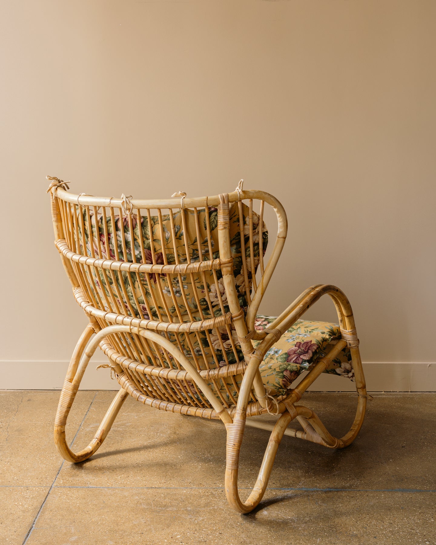 1960s Swedish Rattan Lounge Chair with Floral Cushions