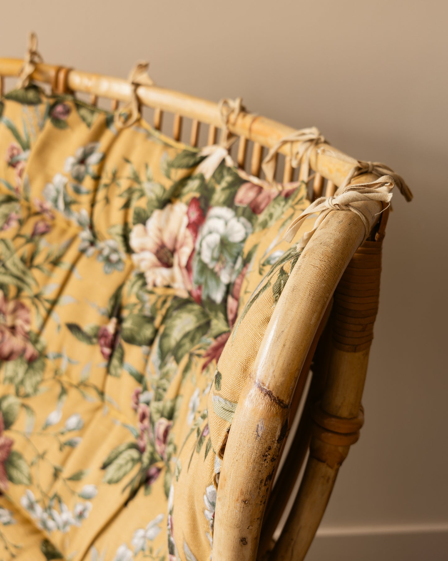 1960s Swedish Rattan Lounge Chair with Floral Cushions