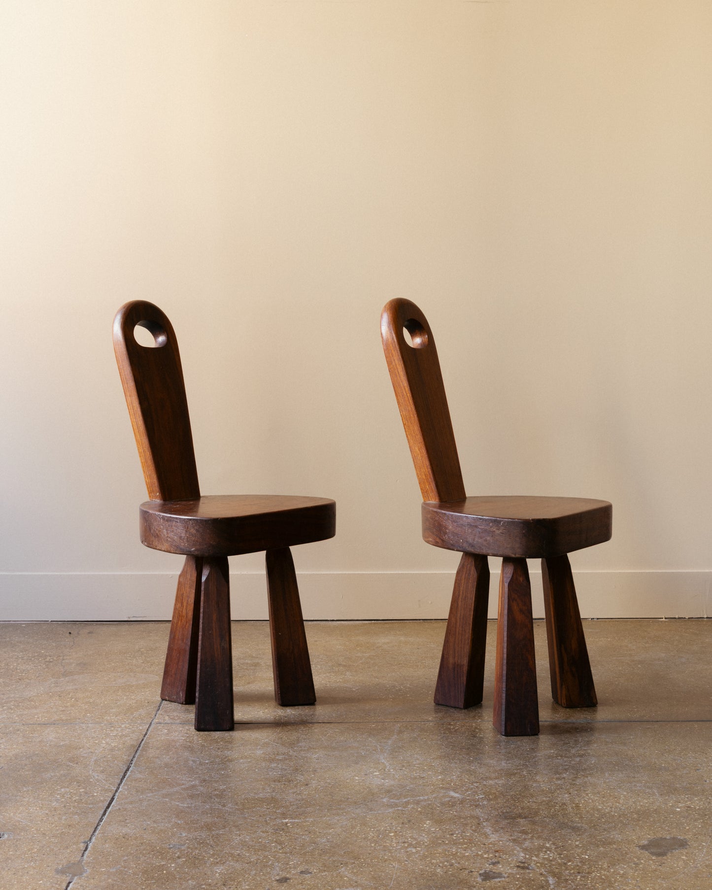 Pair of French Brutalist Tripod Stools