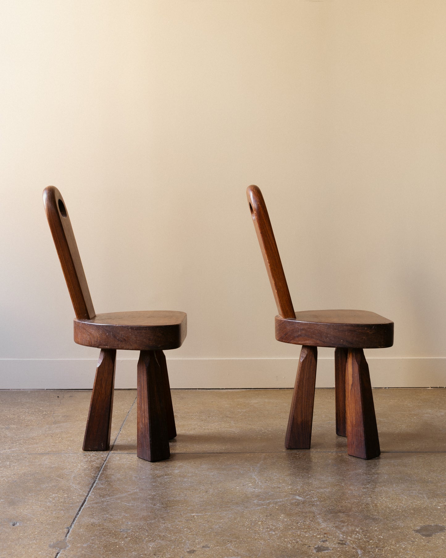 Pair of French Brutalist Tripod Stools