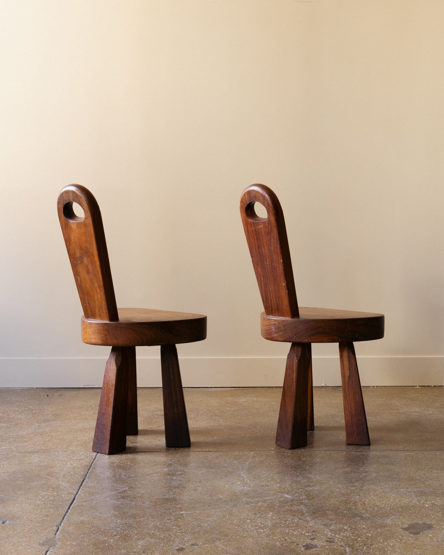 Pair of French Brutalist Tripod Stools