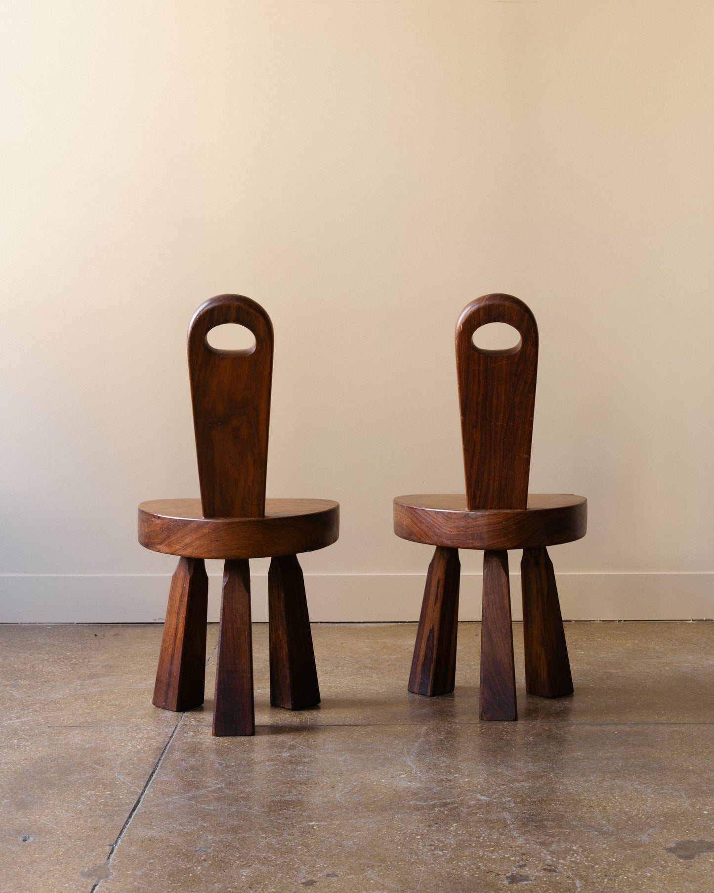 Pair of French Brutalist Tripod Stools