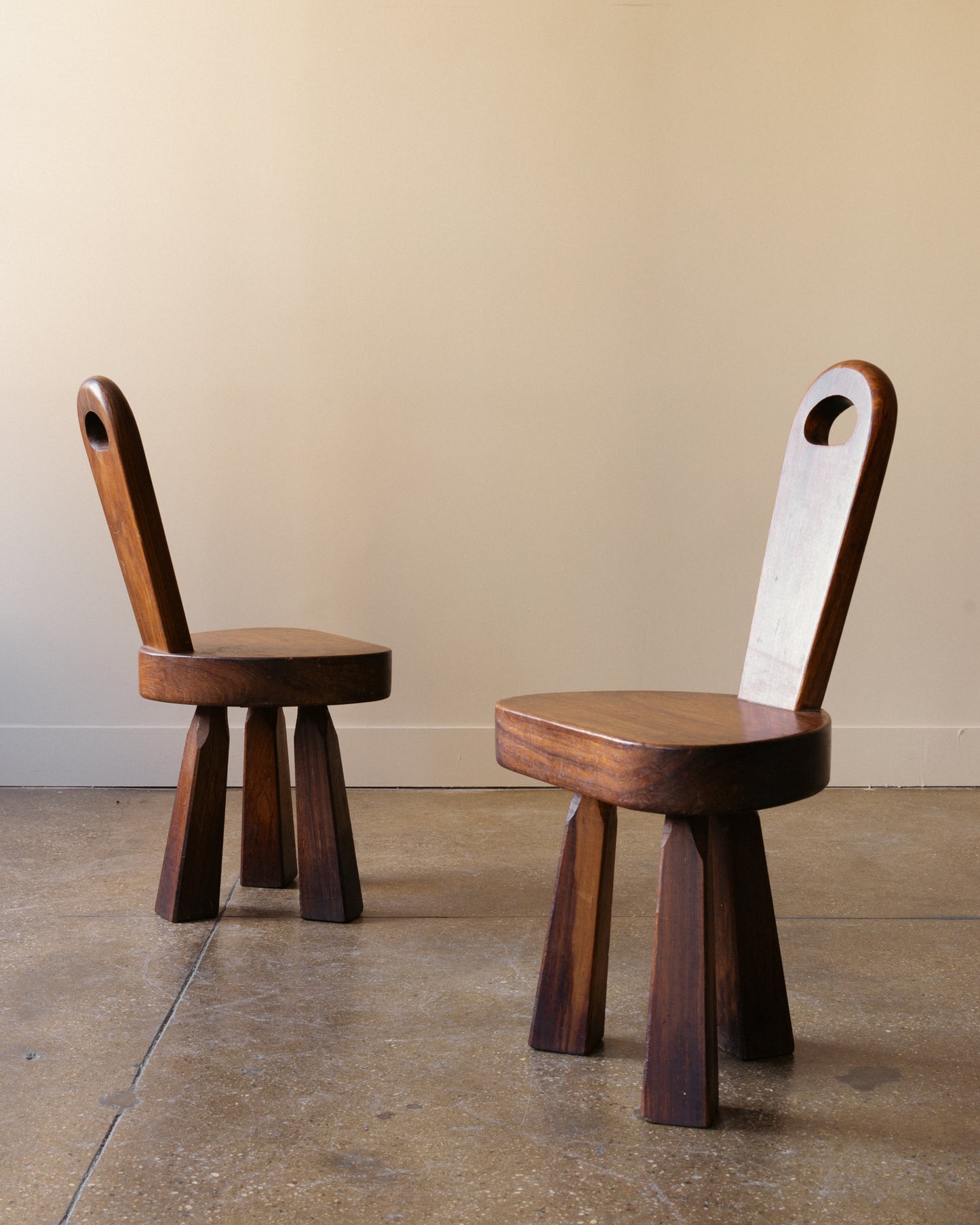 Pair of French Brutalist Tripod Stools