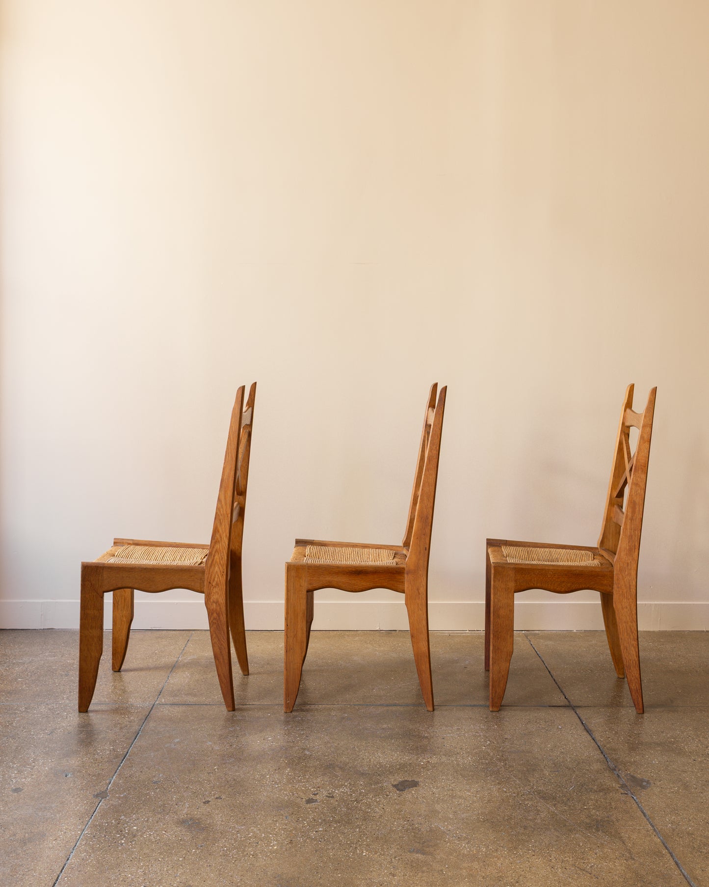 Set of Six Guillerme & Chambron Dining Chairs in Oak and Rush