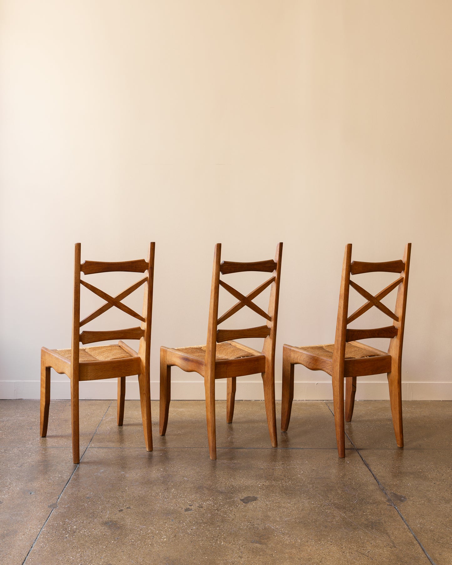 Set of Six Guillerme & Chambron Dining Chairs in Oak and Rush
