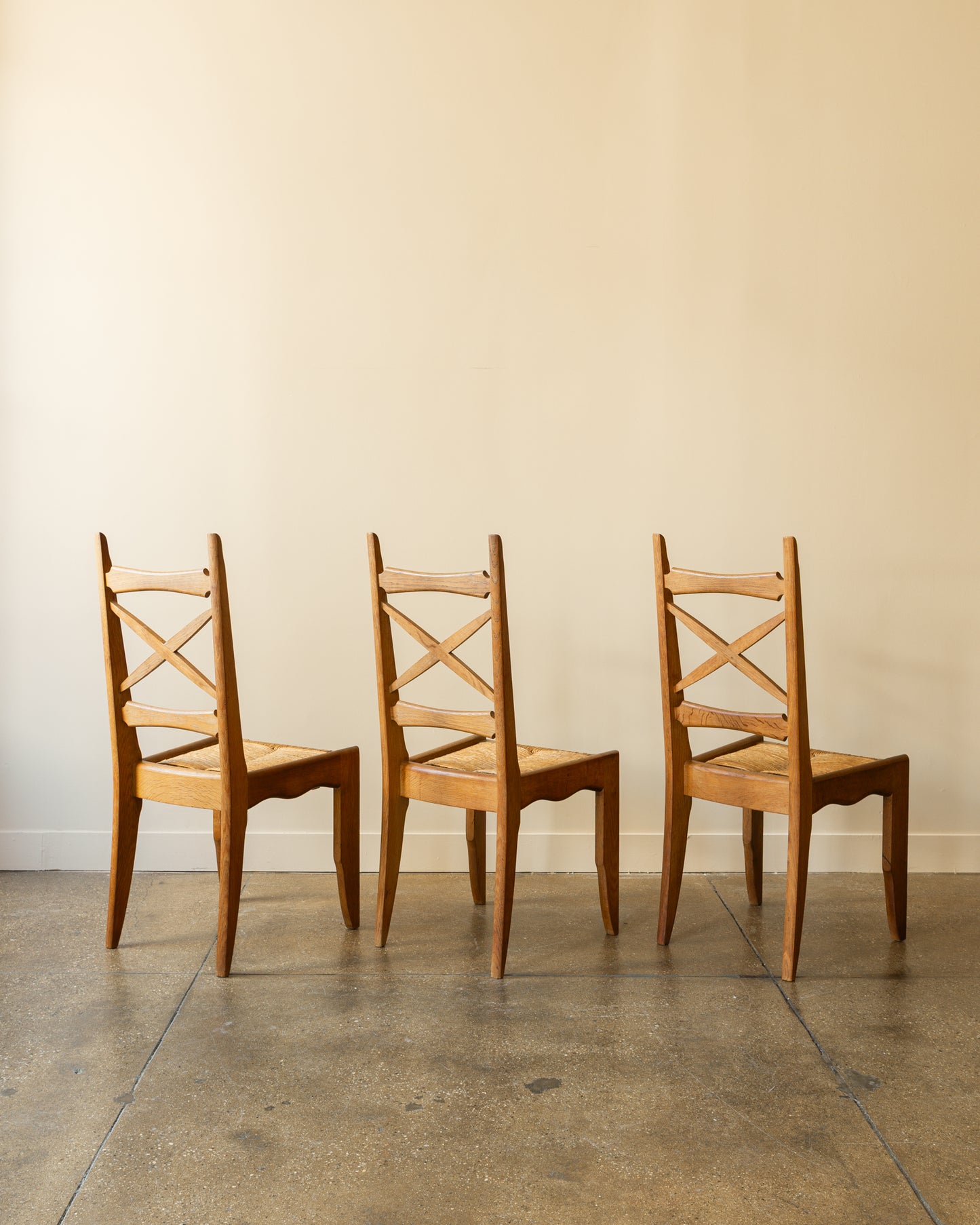 Set of Six Guillerme & Chambron Dining Chairs in Oak and Rush