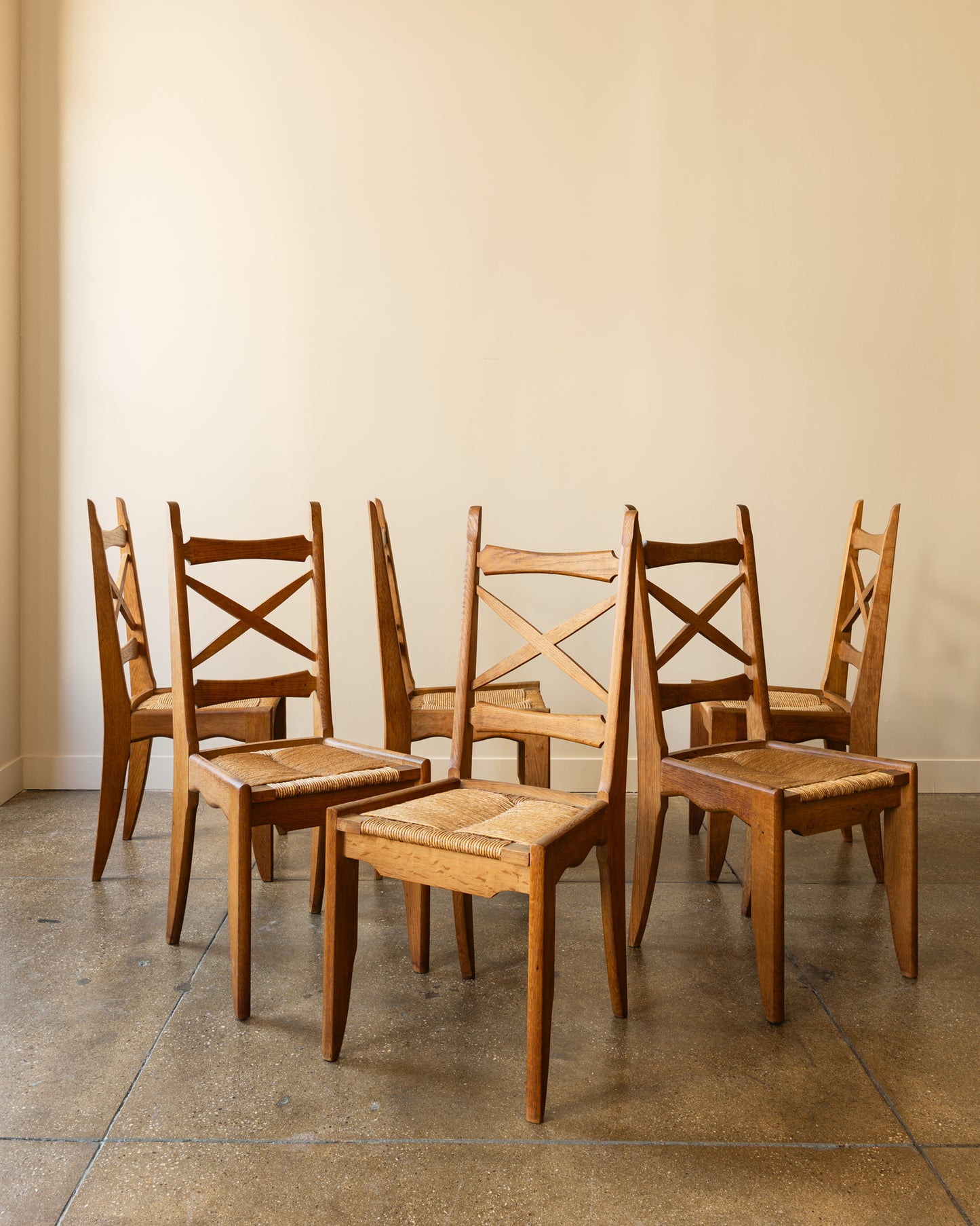 Set of Six Guillerme & Chambron Dining Chairs in Oak and Rush