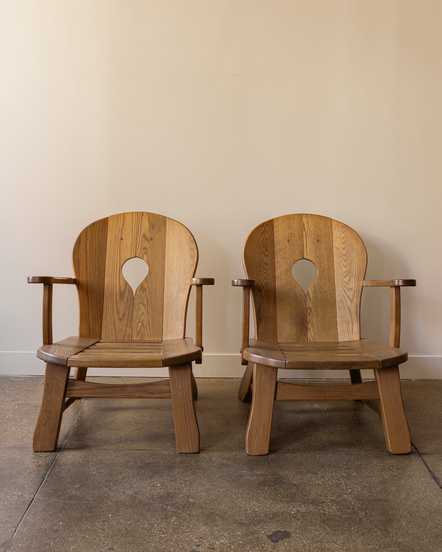 Pair of French Brutalist Oak Lounge Chairs, 1960s