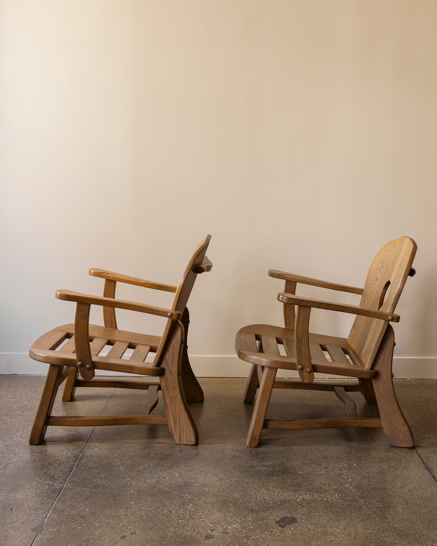 Pair of French Brutalist Oak Lounge Chairs, 1960s