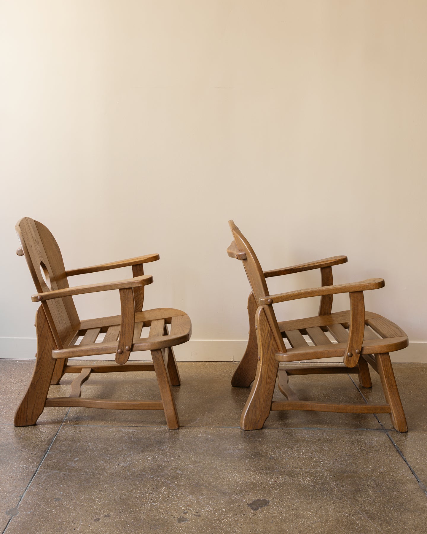 Pair of French Brutalist Oak Lounge Chairs, 1960s