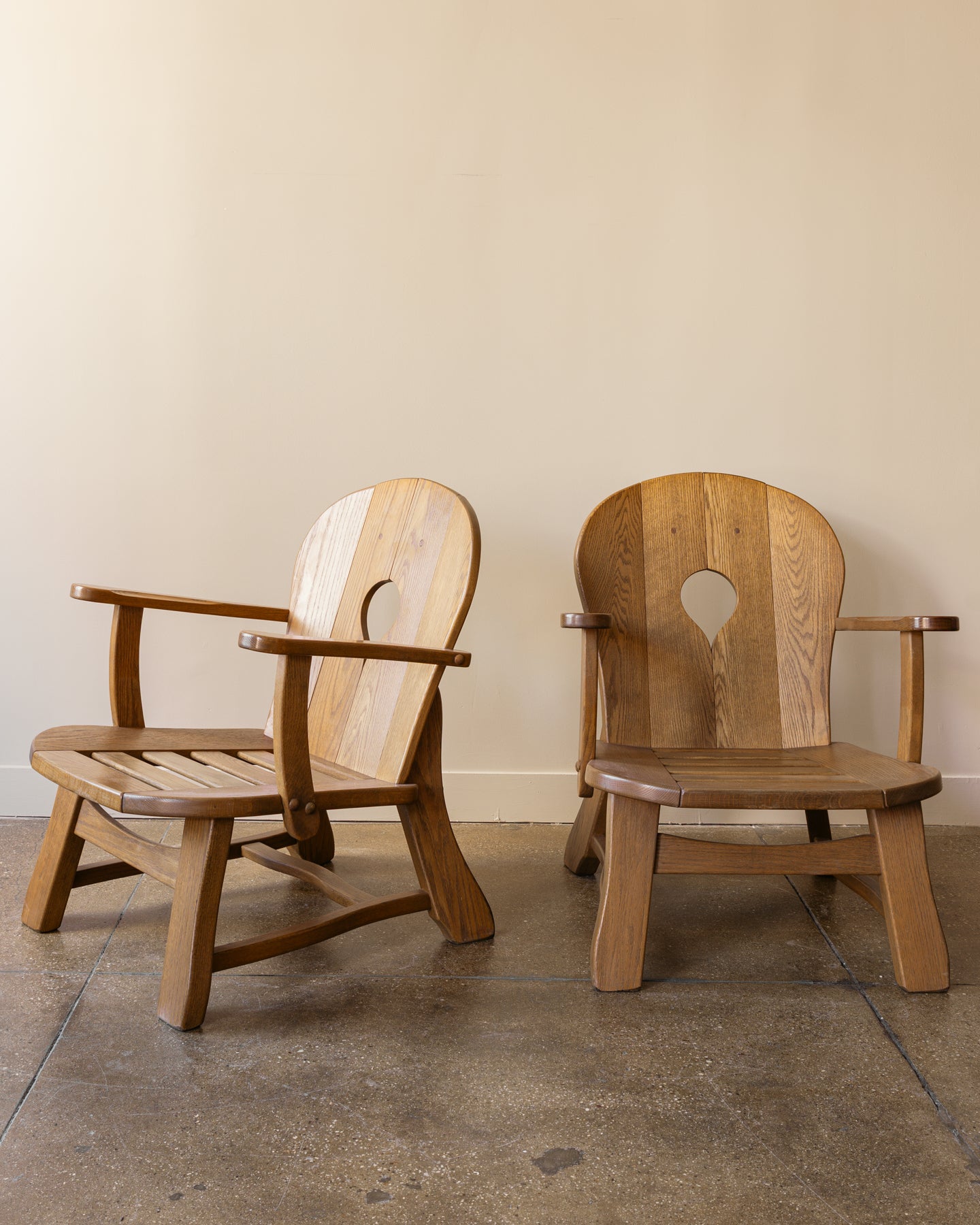 Pair of French Brutalist Oak Lounge Chairs, 1960s