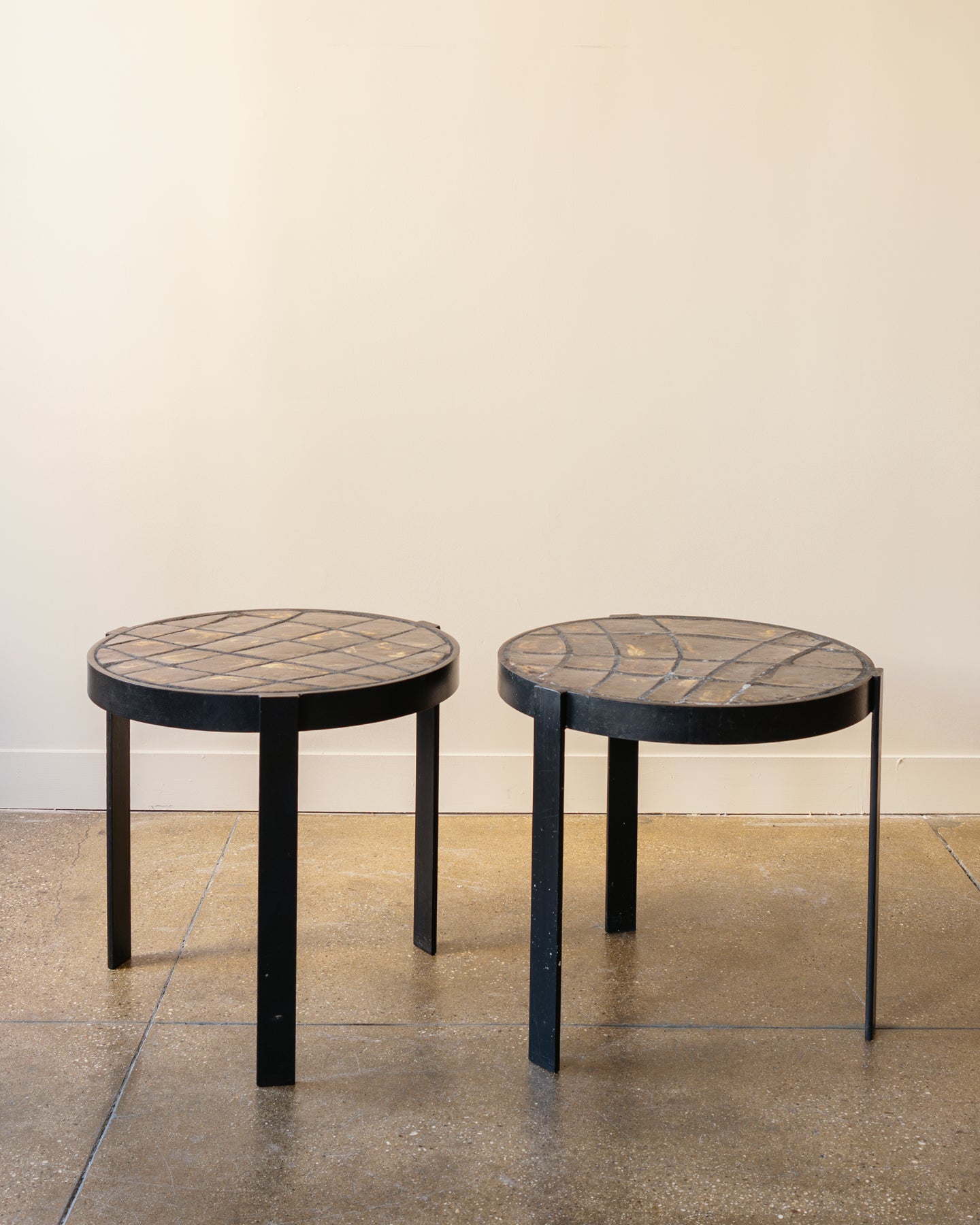 Pair of Ceramic and Iron Side Tables, Belgium