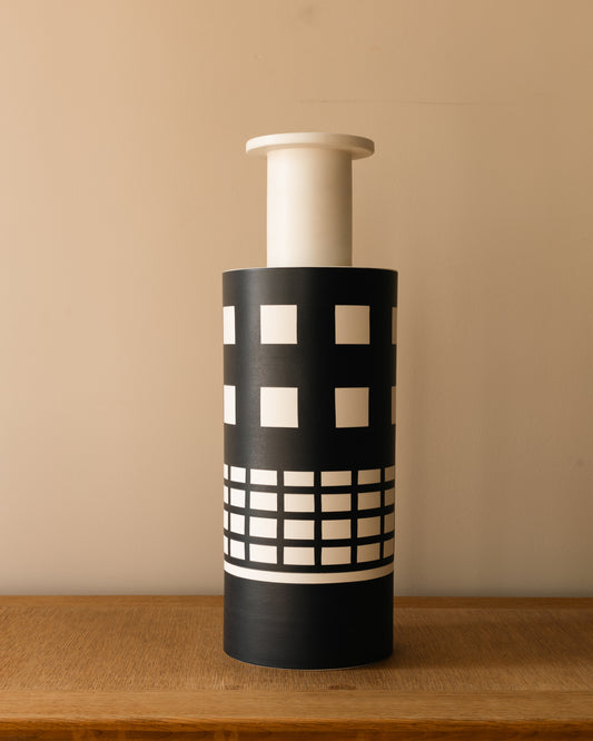 Ettore Sottsass Rocchetto ceramic vase in black and white geometric pattern for Bitossi, circa 1986.