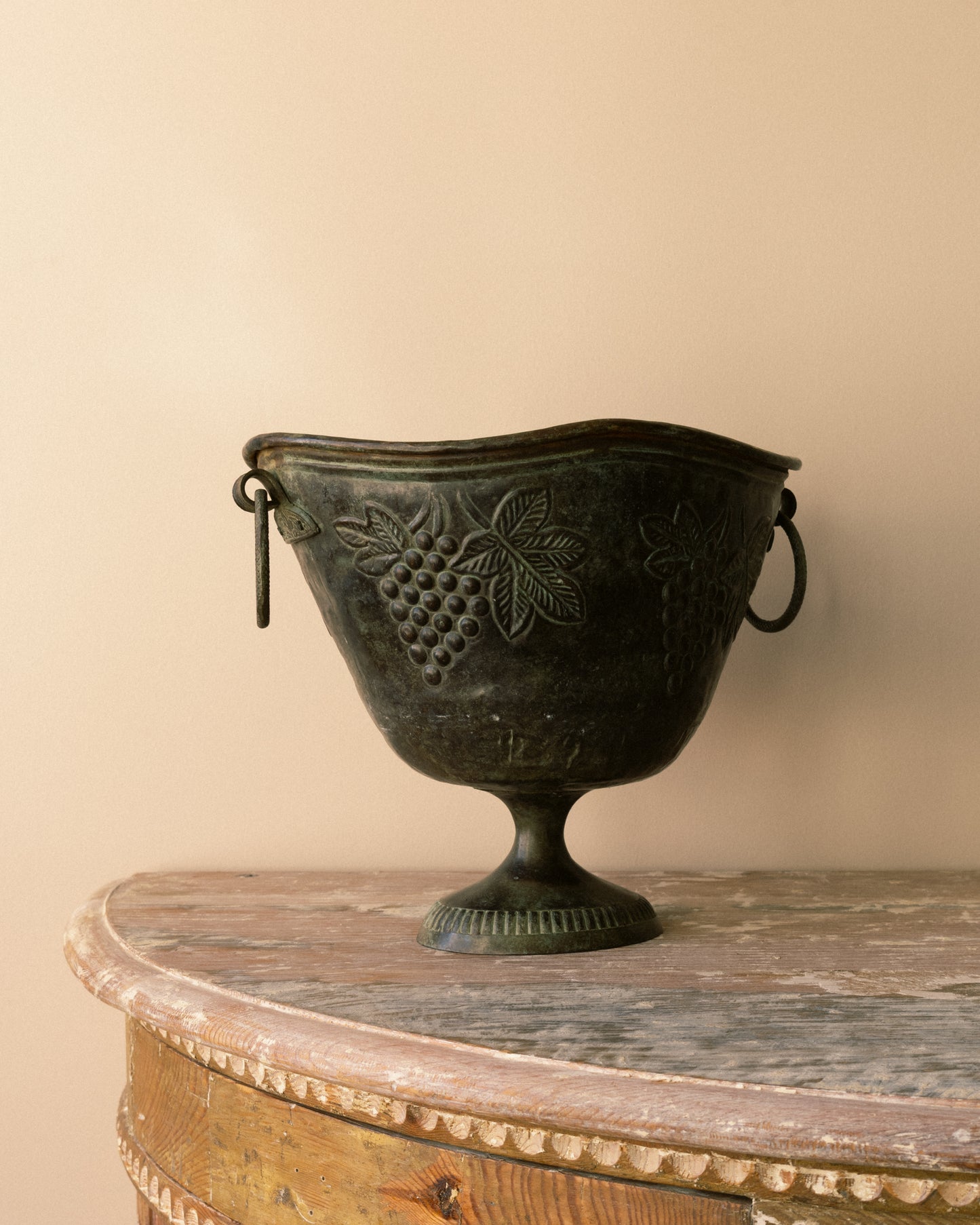 Verdigris Cast-Metal Urn with Grape Motif